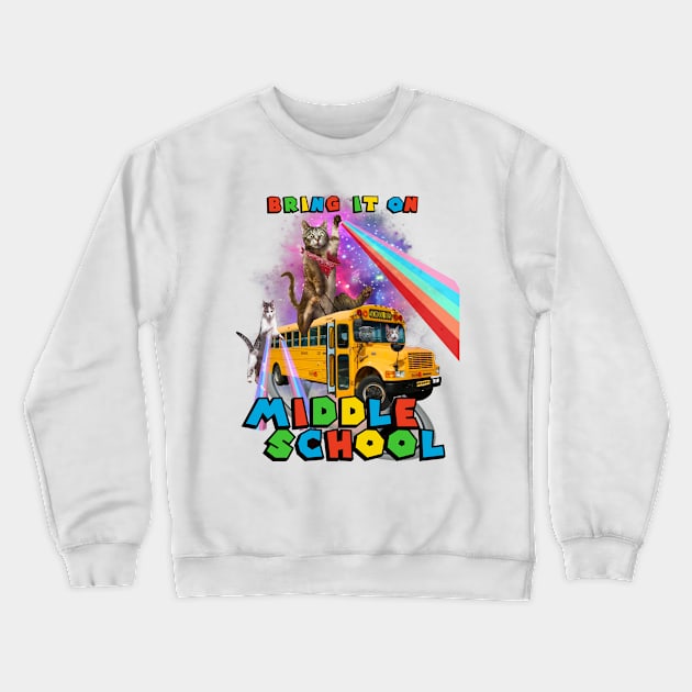 Middle School School Meowdy Cowboy Cat Riding Bus Retro Crewneck Sweatshirt by The Dirty Gringo